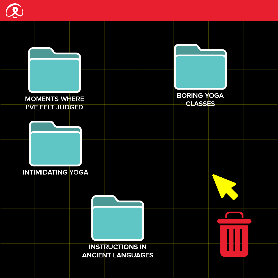 Animated social ad dragging “intimidating yoga” and “boring classes” to the trash.